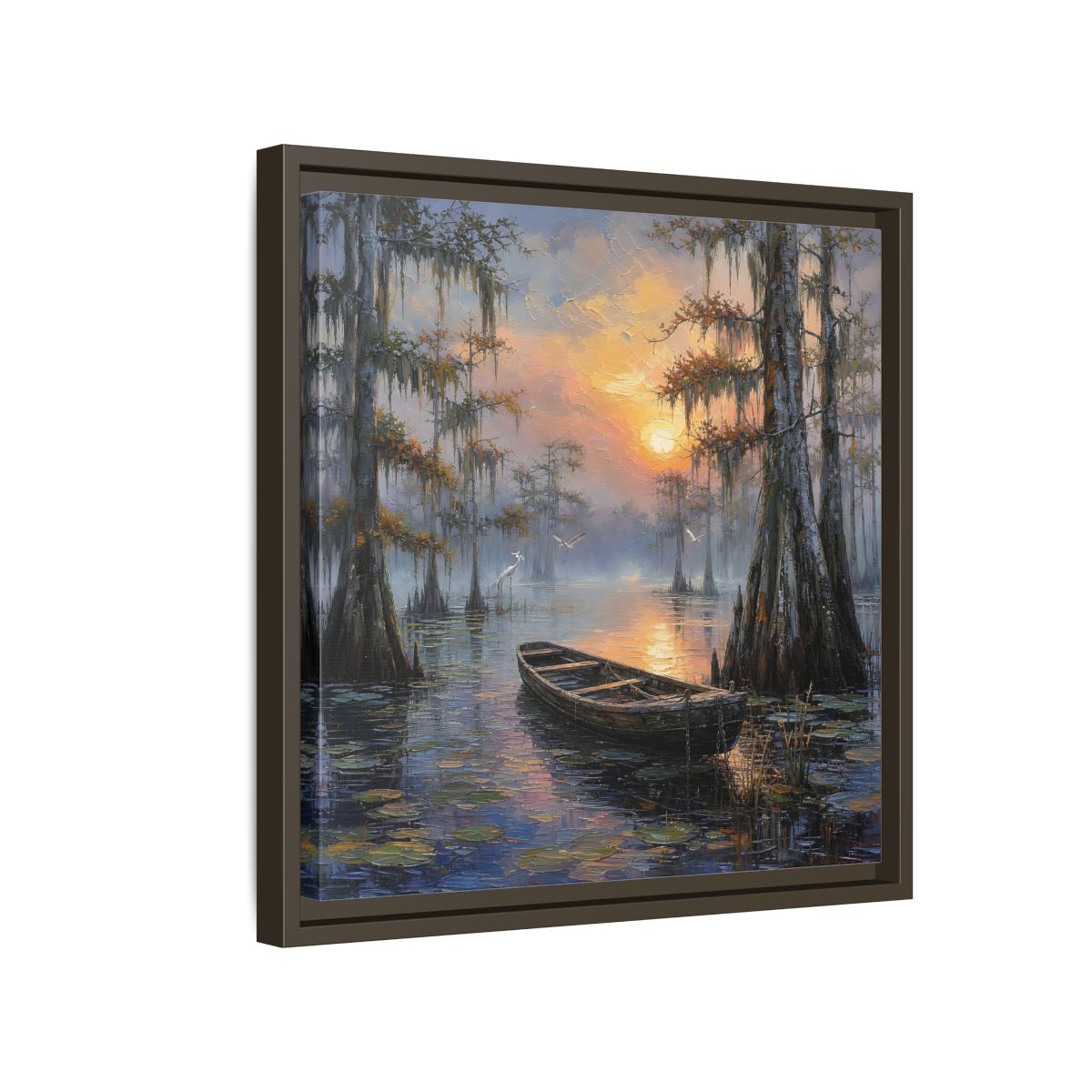 Side Mockup 14. Nature Swamp Boat Cypress Swamp Sunset shown as stretched canvas wall art