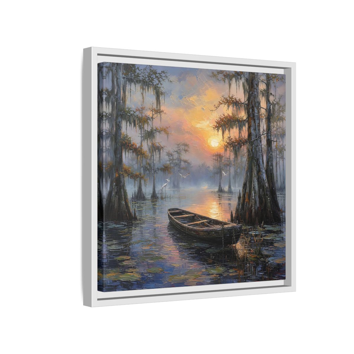 Side Mockup 13. Nature Swamp Boat Cypress Swamp Sunset shown as stretched canvas wall art