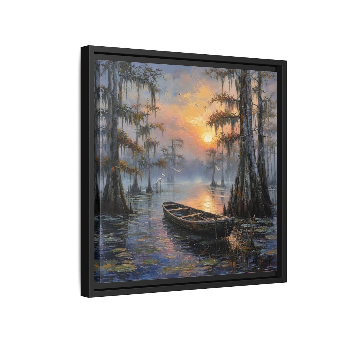 Side Mockup 15. Nature Swamp Boat Cypress Swamp Sunset shown as stretched canvas wall art