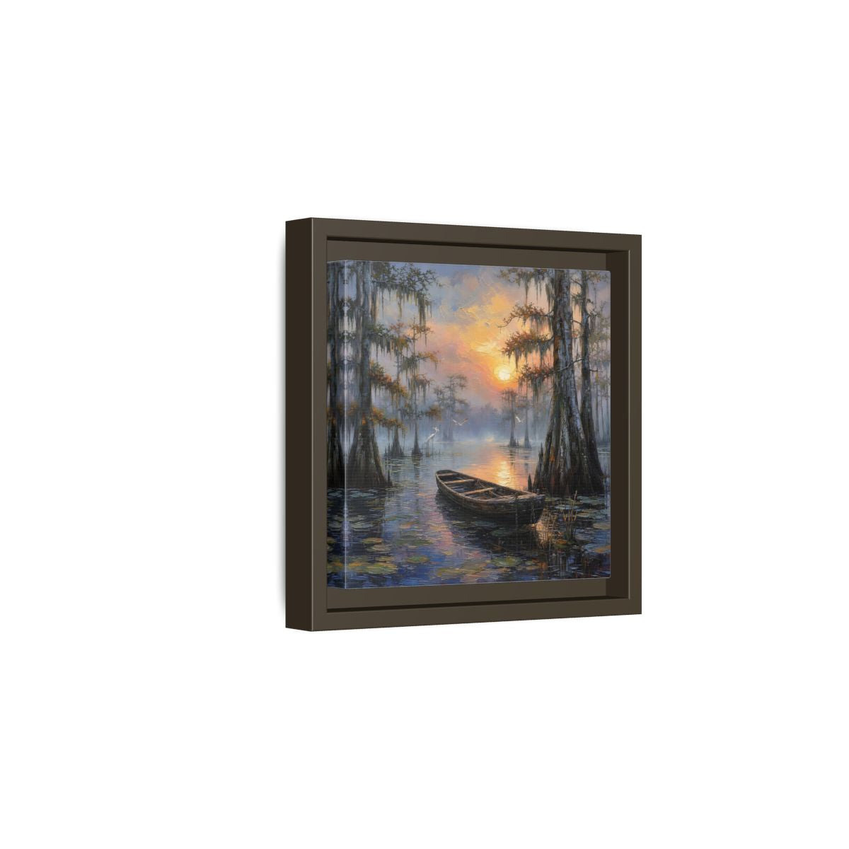 Side Mockup 2. Nature Swamp Boat Cypress Swamp Sunset shown as stretched canvas wall art