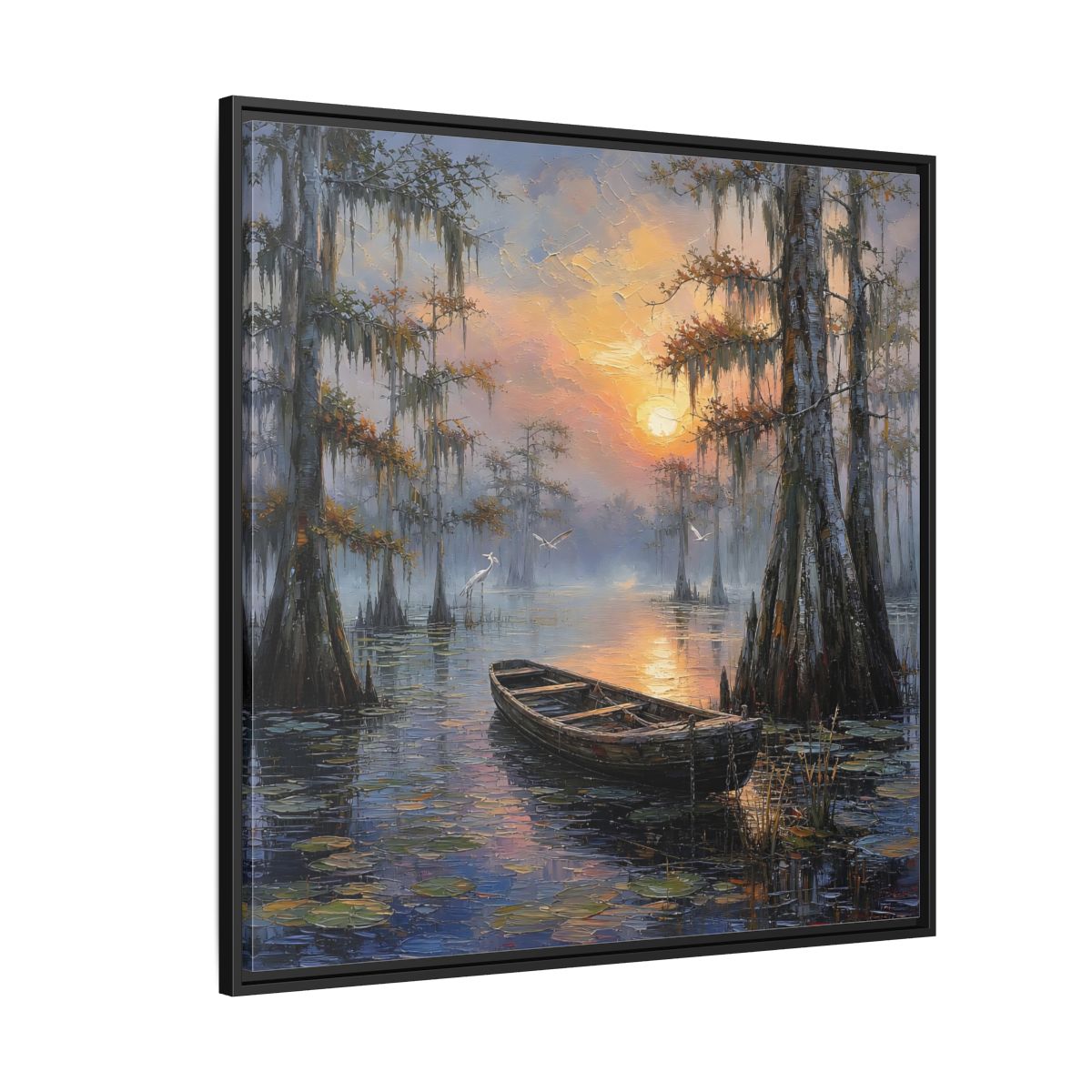 Side Mockup 6. Nature Swamp Boat Cypress Swamp Sunset shown as stretched canvas wall art