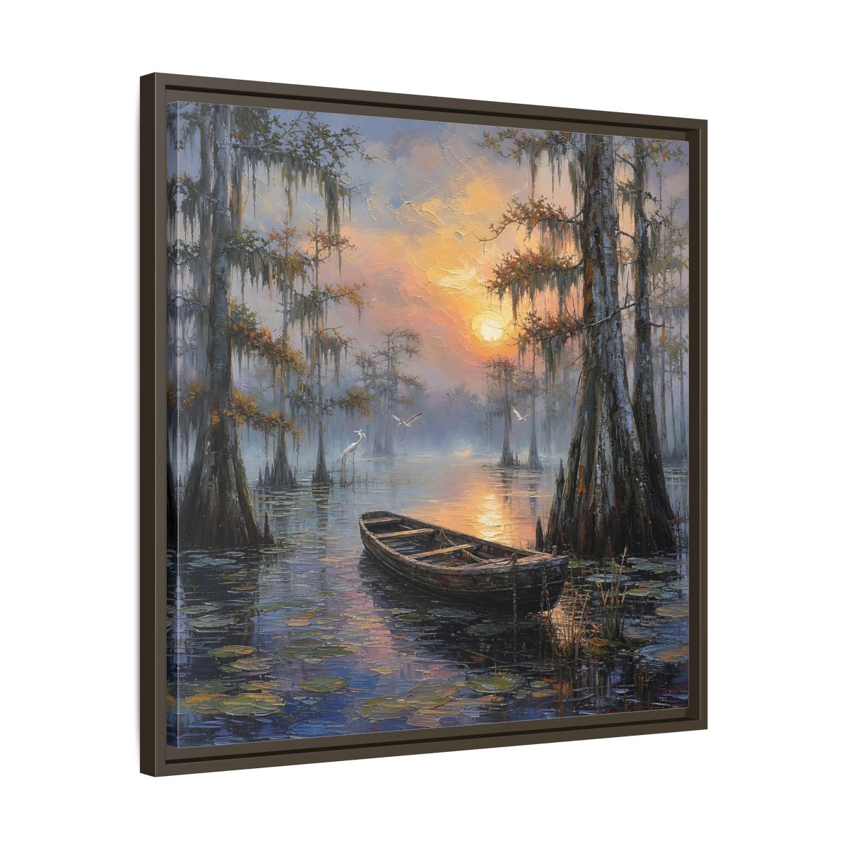 Side Mockup 27. Nature Swamp Boat Cypress Swamp Sunset shown as stretched canvas wall art