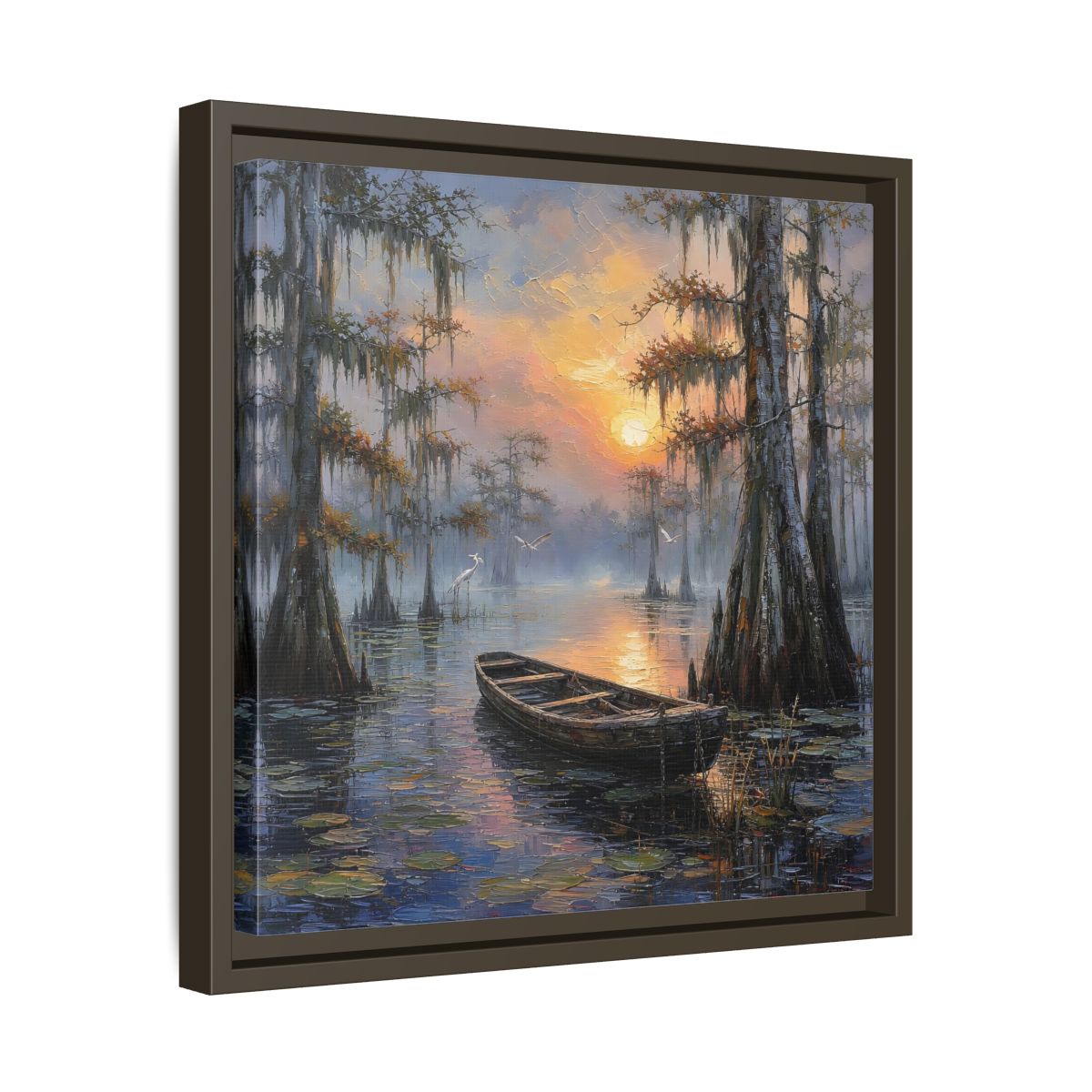 Side Mockup 29. Nature Swamp Boat Cypress Swamp Sunset shown as stretched canvas wall art