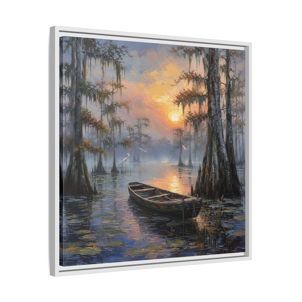 Side Mockup 26. Nature Swamp Boat Cypress Swamp Sunset shown as stretched canvas wall art