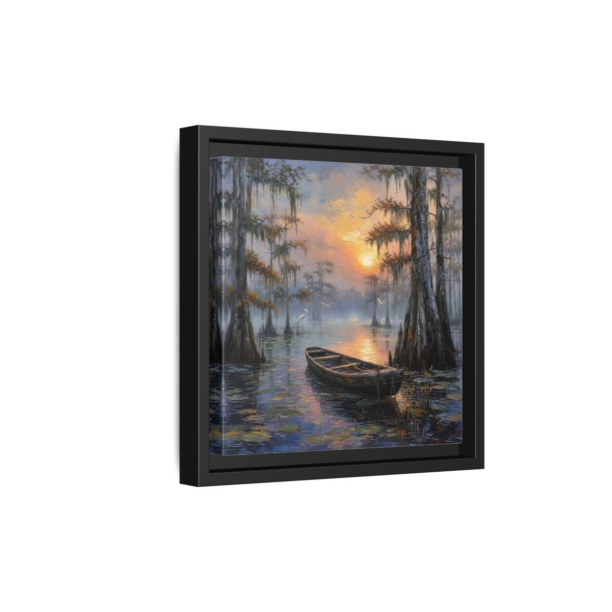 Side Mockup 21. Nature Swamp Boat Cypress Swamp Sunset shown as stretched canvas wall art