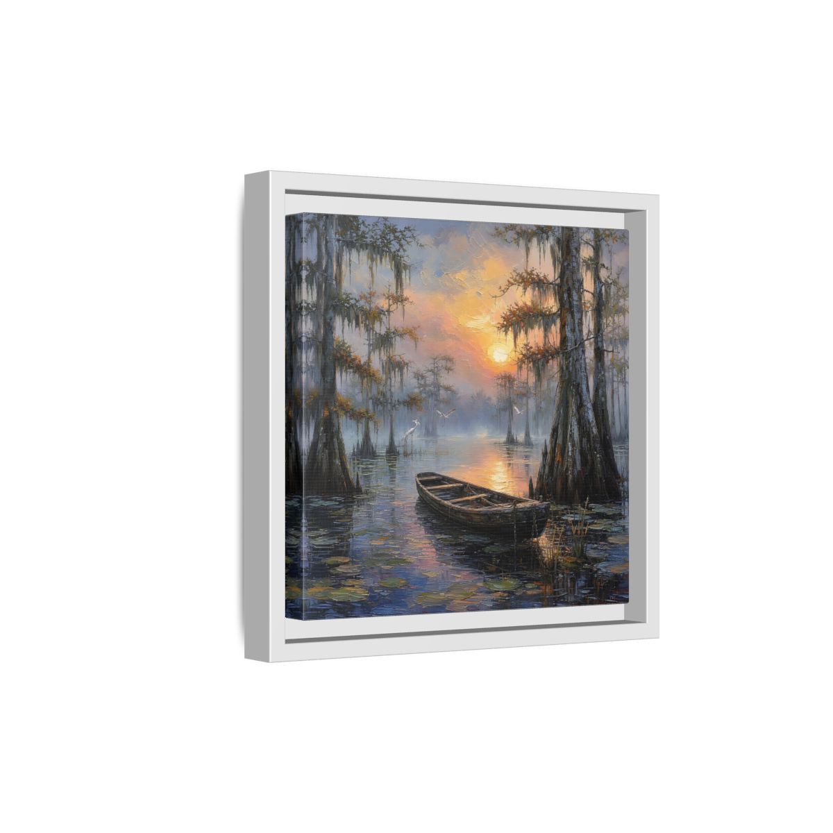 Side Mockup 19. Nature Swamp Boat Cypress Swamp Sunset shown as stretched canvas wall art