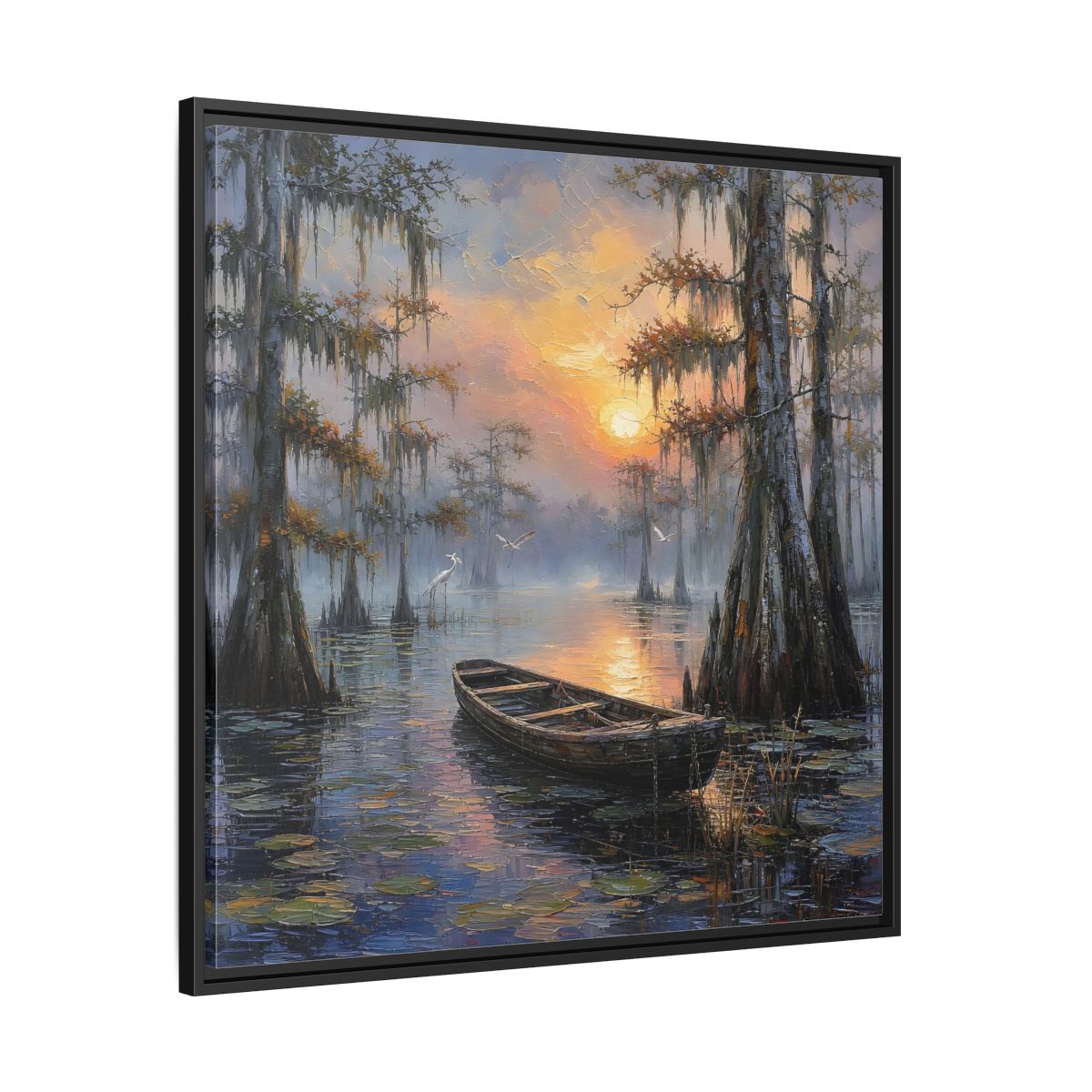 Side Mockup 30. Nature Swamp Boat Cypress Swamp Sunset shown as stretched canvas wall art
