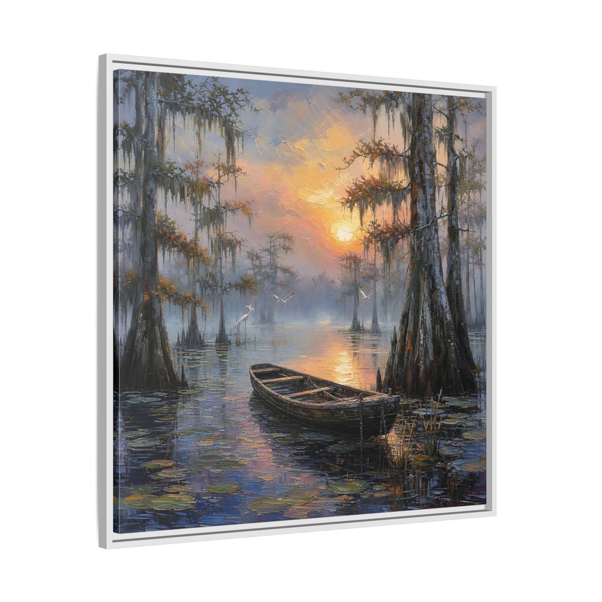 Side Mockup 25. Nature Swamp Boat Cypress Swamp Sunset shown as stretched canvas wall art