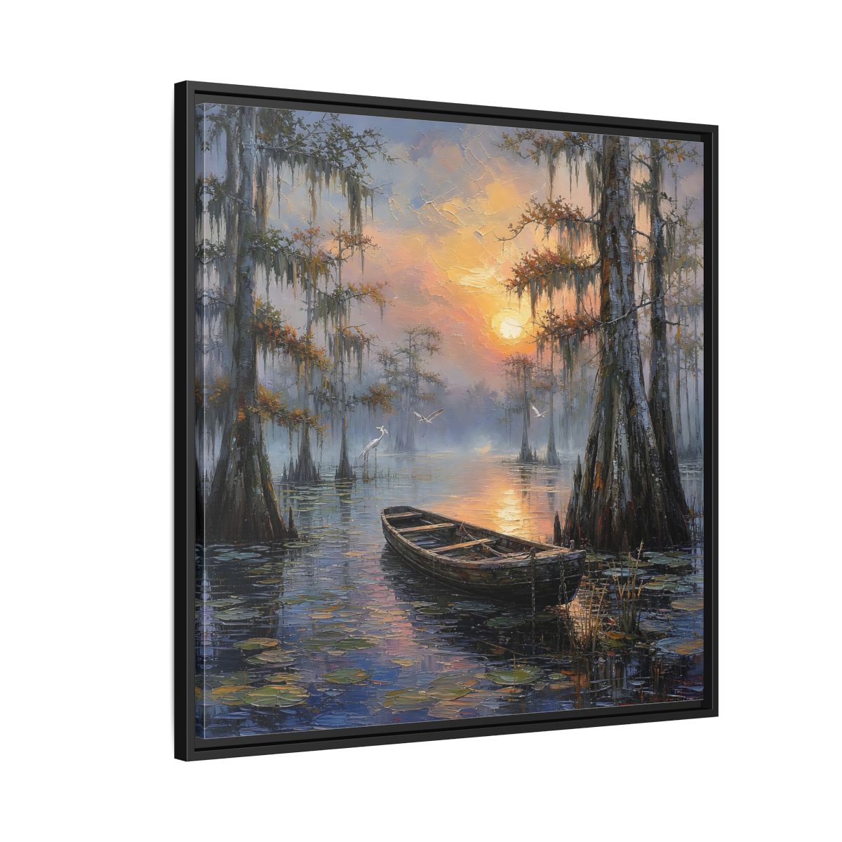Side Mockup 9. Nature Swamp Boat Cypress Swamp Sunset shown as stretched canvas wall art