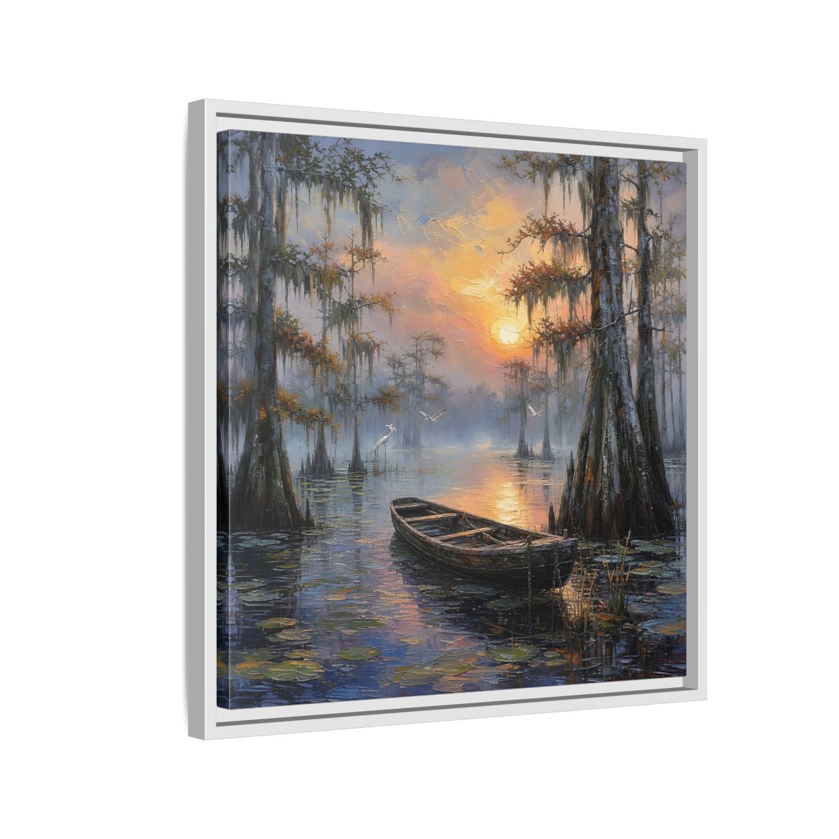 Side Mockup 10. Nature Swamp Boat Cypress Swamp Sunset shown as stretched canvas wall art
