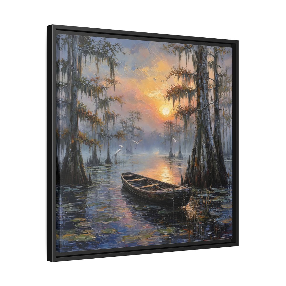 Side Mockup 31. Nature Swamp Boat Cypress Swamp Sunset shown as stretched canvas wall art