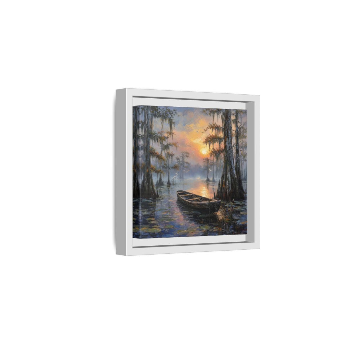 Side Mockup 1. Nature Swamp Boat Cypress Swamp Sunset shown as stretched canvas wall art