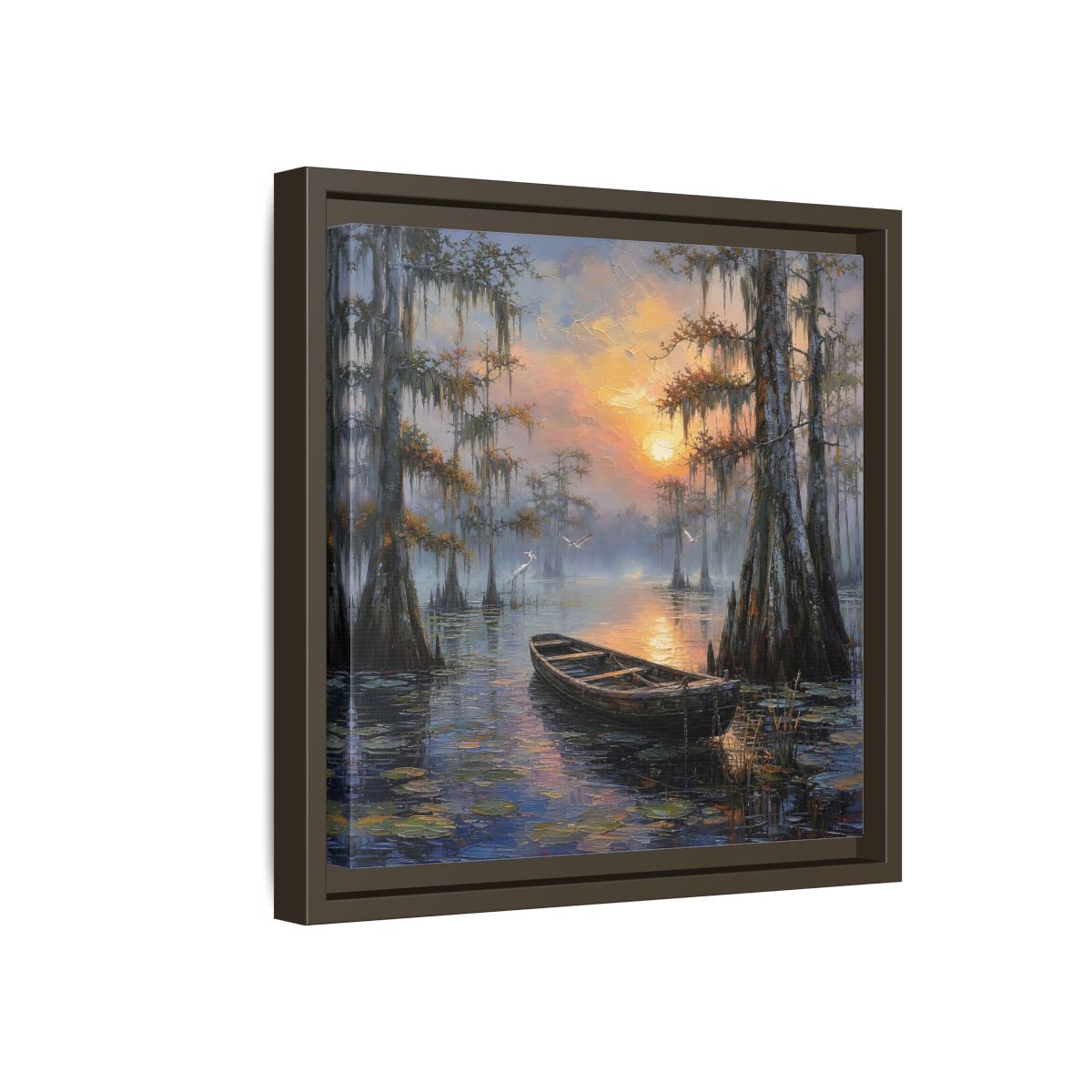 Side Mockup 17. Nature Swamp Boat Cypress Swamp Sunset shown as stretched canvas wall art