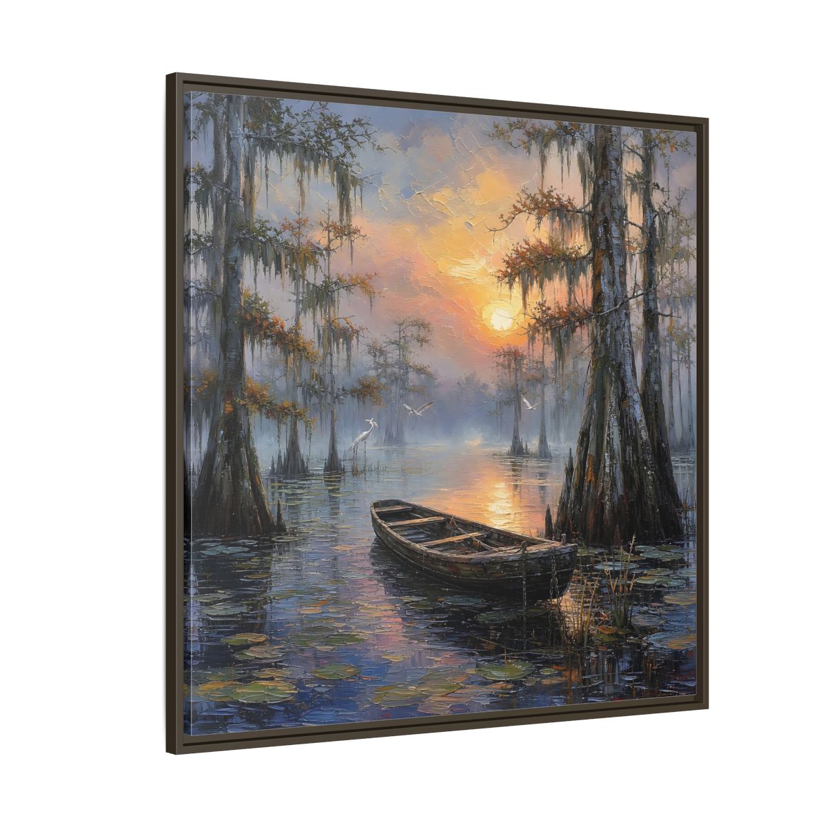 Side Mockup 5. Nature Swamp Boat Cypress Swamp Sunset shown as stretched canvas wall art