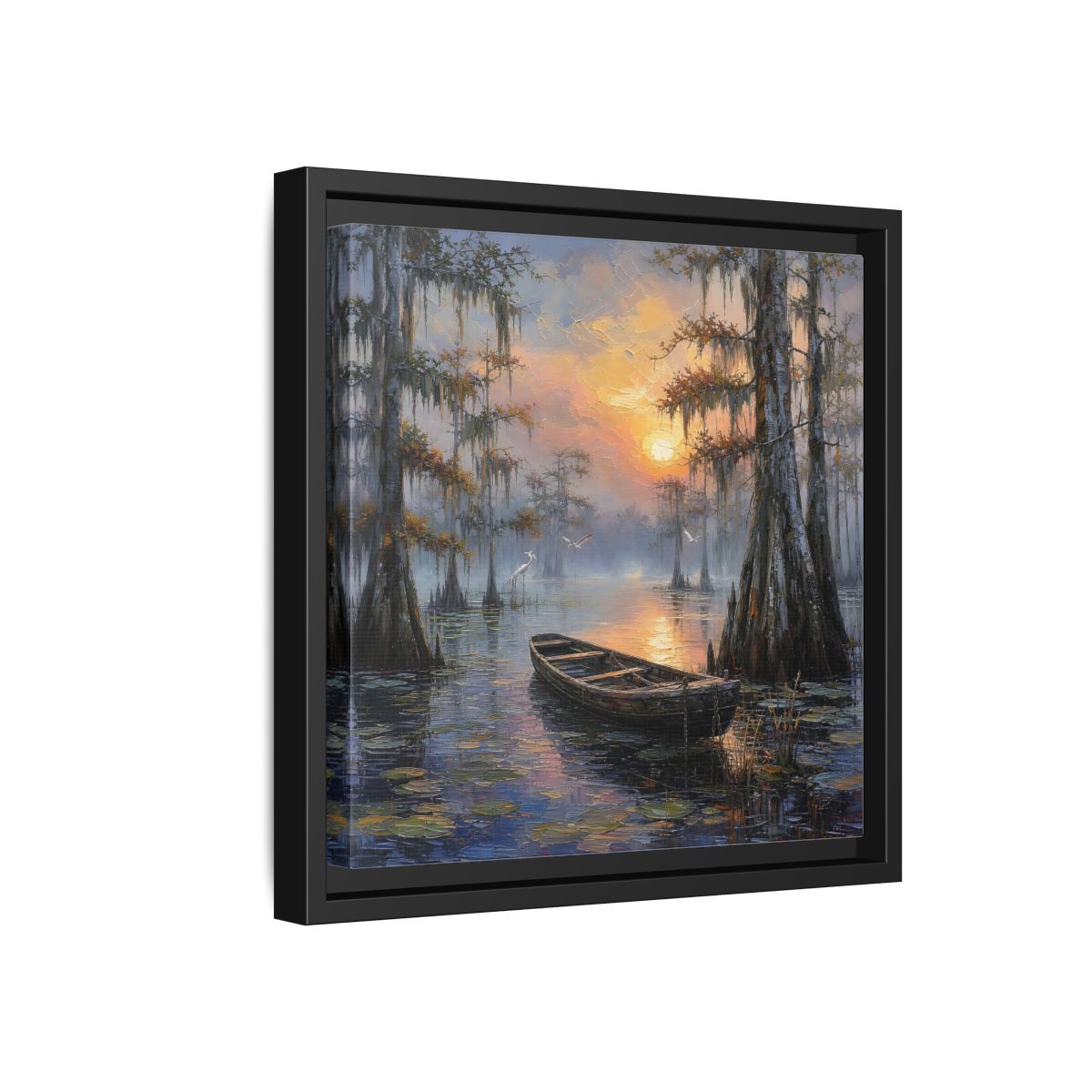 Side Mockup 18. Nature Swamp Boat Cypress Swamp Sunset shown as stretched canvas wall art