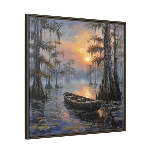 Main Mockup. Nature Swamp Boat Cypress Swamp Sunset shown as stretched canvas wall art