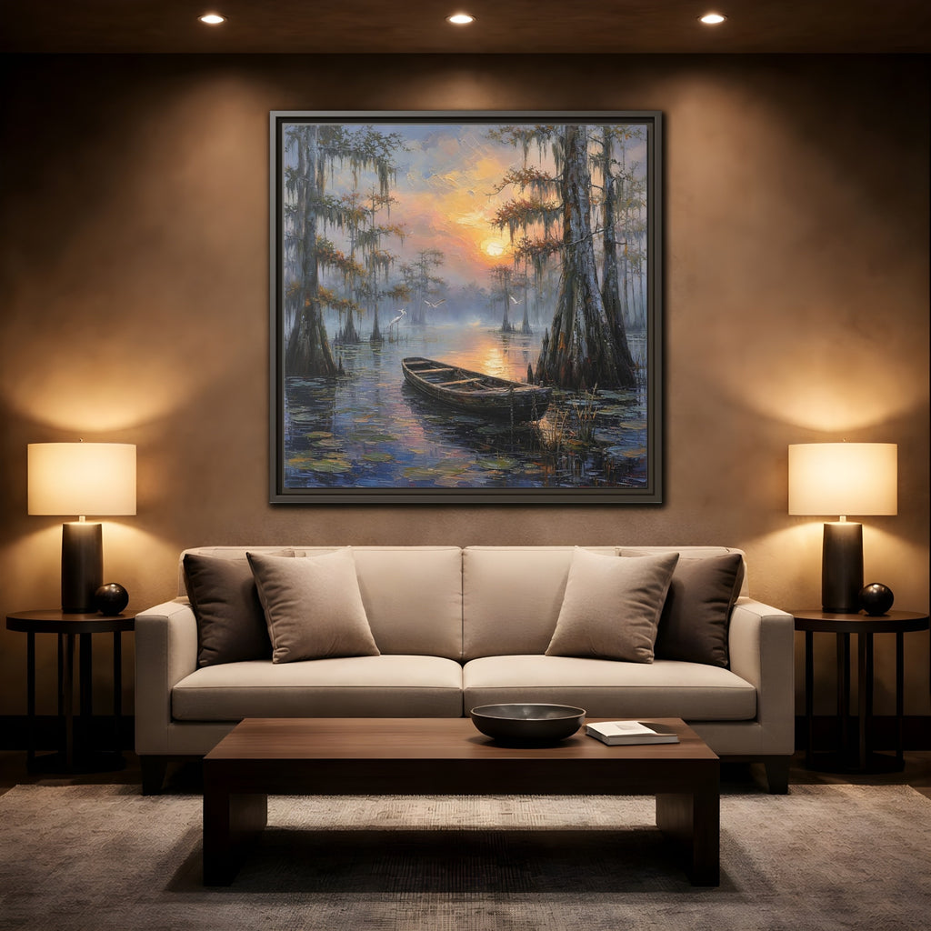 Mockup 2. Nature Swamp Boat Cypress Swamp Sunset shown as stretched canvas wall art