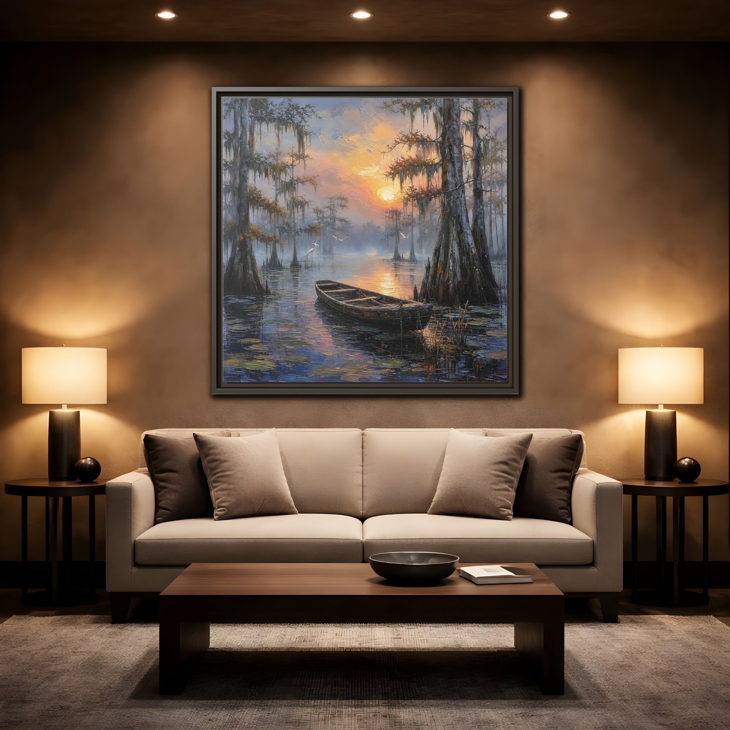 Mockup 2. Nature Swamp Boat Cypress Swamp Sunset shown as stretched canvas wall art