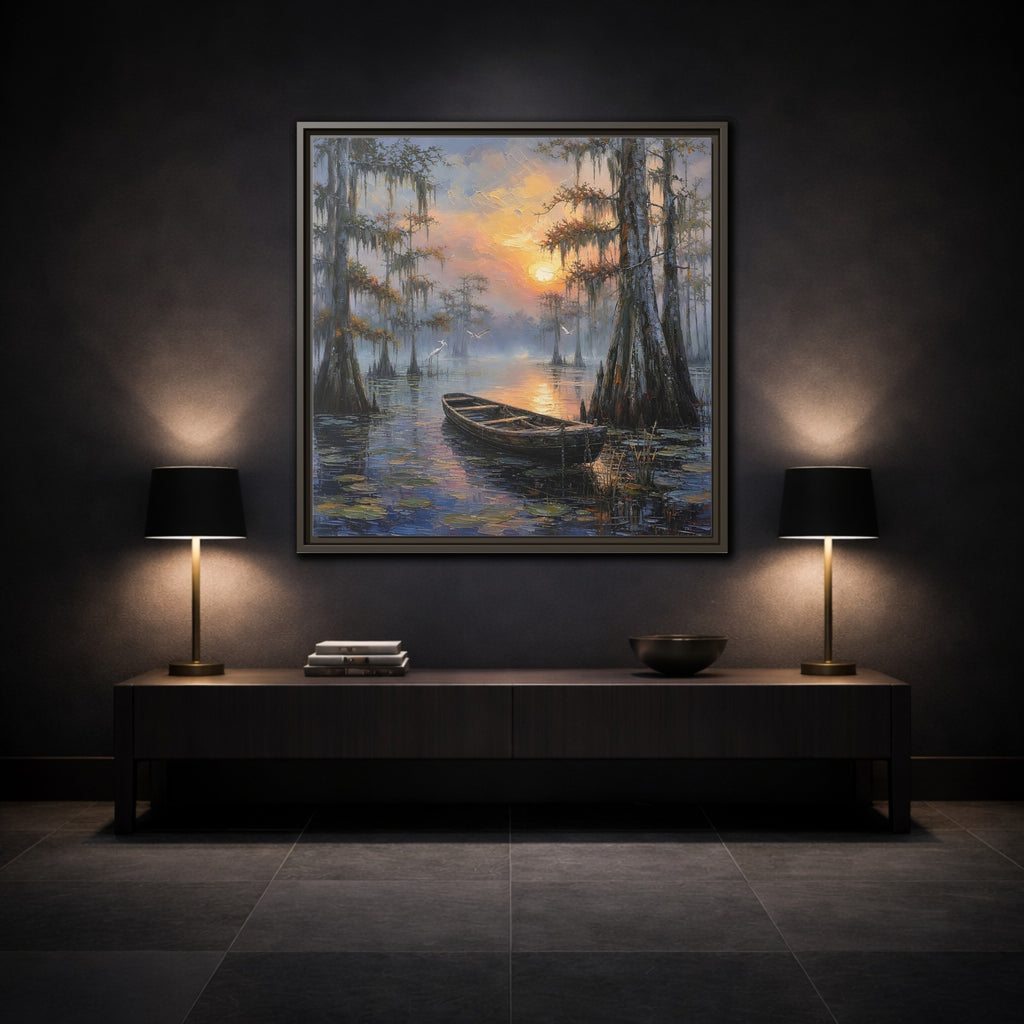 Mockup 3. Nature Swamp Boat Cypress Swamp Sunset shown as stretched canvas wall art