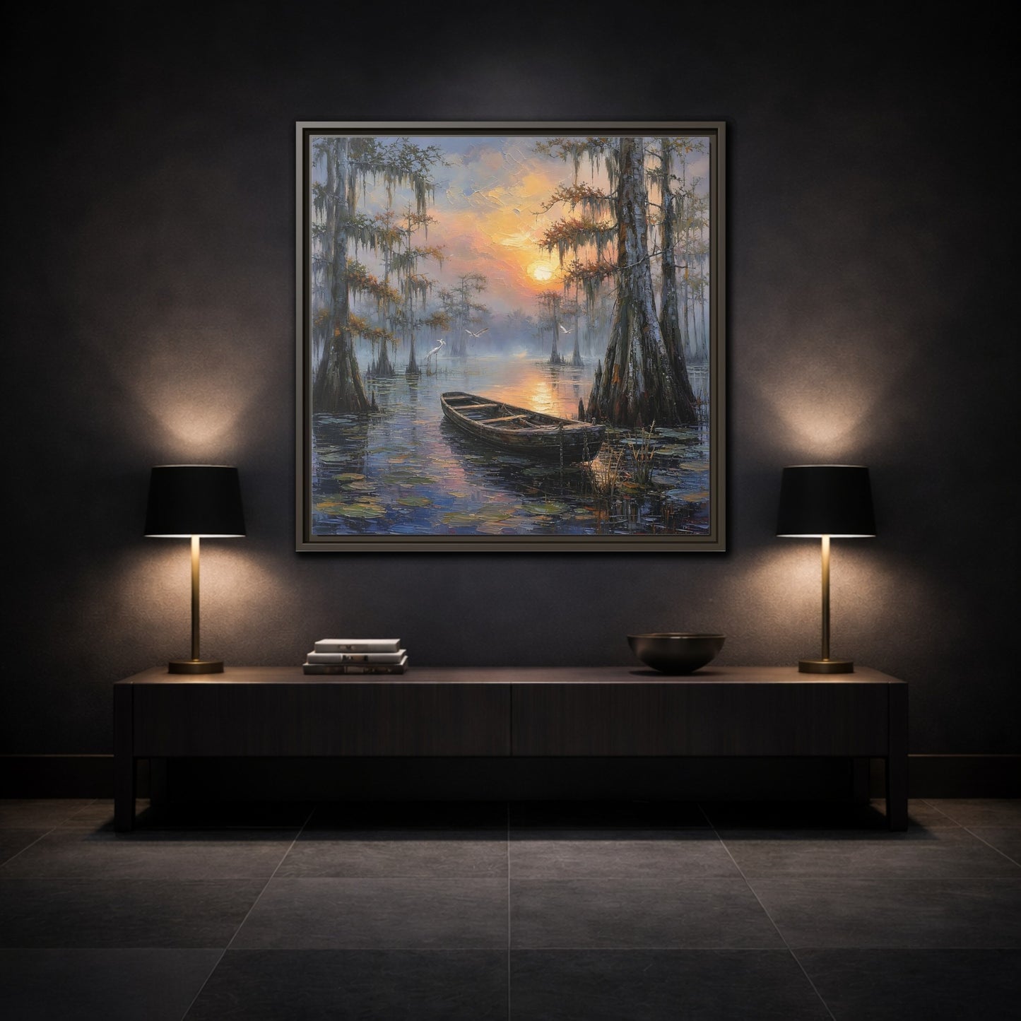 Mockup 3. Nature Swamp Boat Cypress Swamp Sunset shown as stretched canvas wall art
