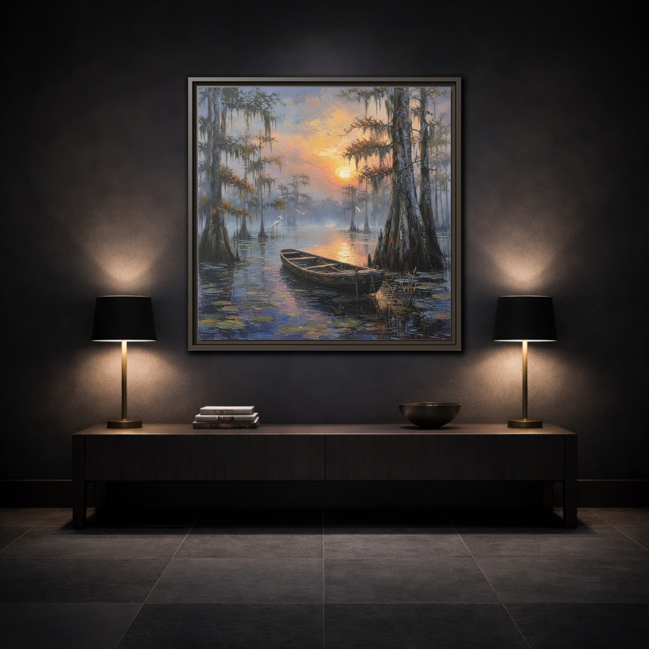 Mockup 3. Nature Swamp Boat Cypress Swamp Sunset shown as stretched canvas wall art
