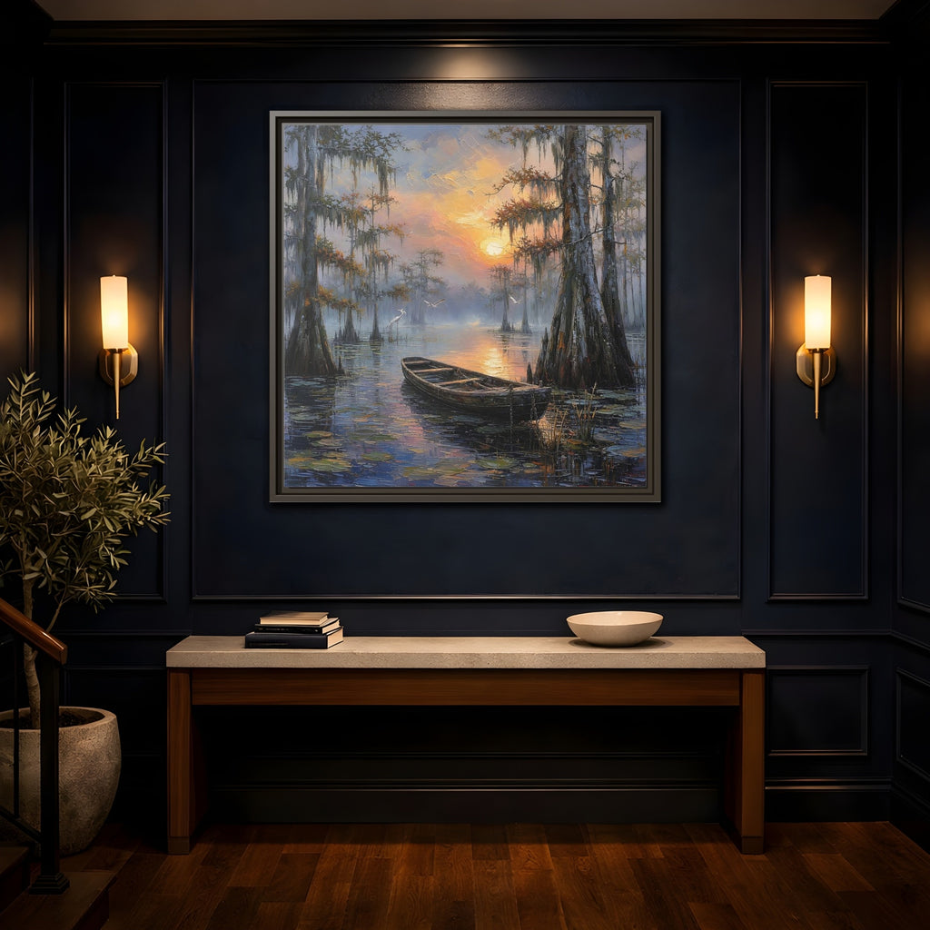 Mockup 4. Nature Swamp Boat Cypress Swamp Sunset shown as stretched canvas wall art
