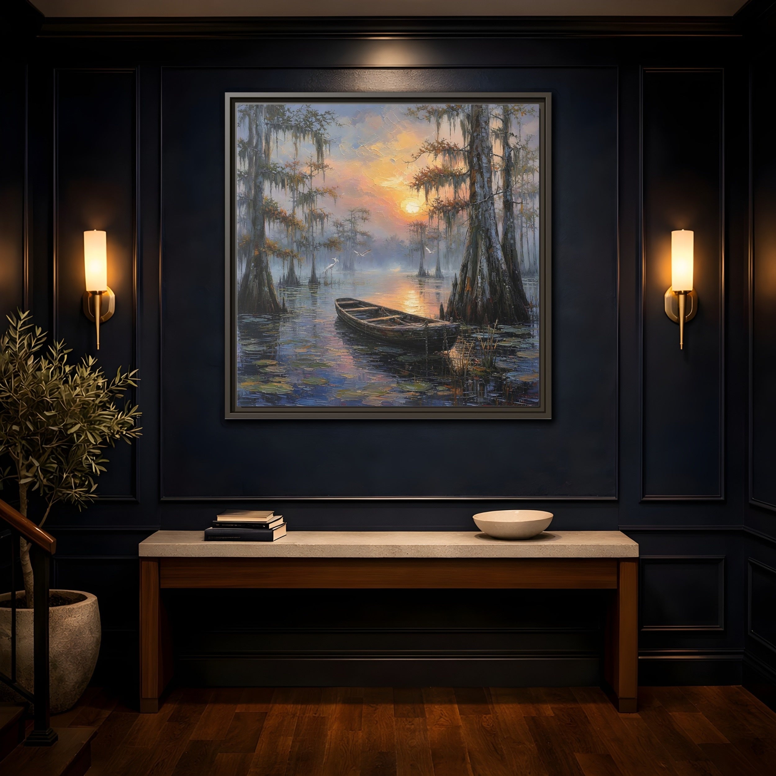 Mockup 4. Nature Swamp Boat Cypress Swamp Sunset shown as stretched canvas wall art