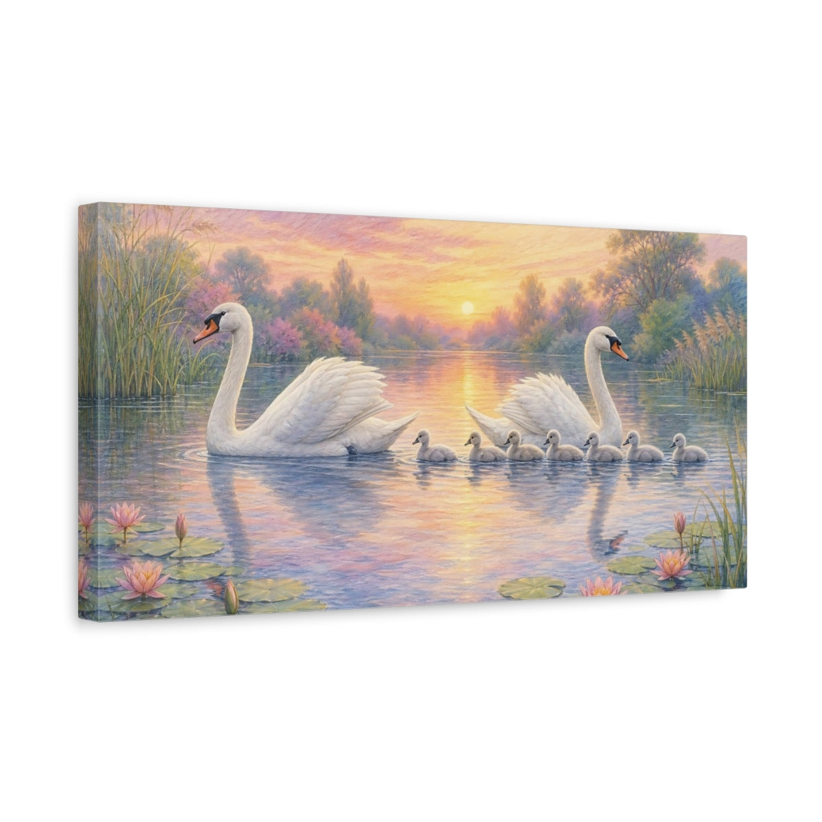 Side Mockup 3. Nature Swan Family Swans Sunset Lake shown as stretched canvas wall art