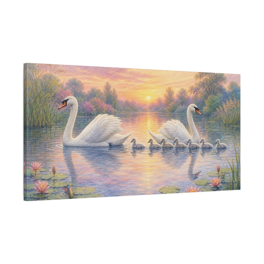Main Mockup. Nature Swan Family Swans Sunset Lake shown as stretched canvas wall art