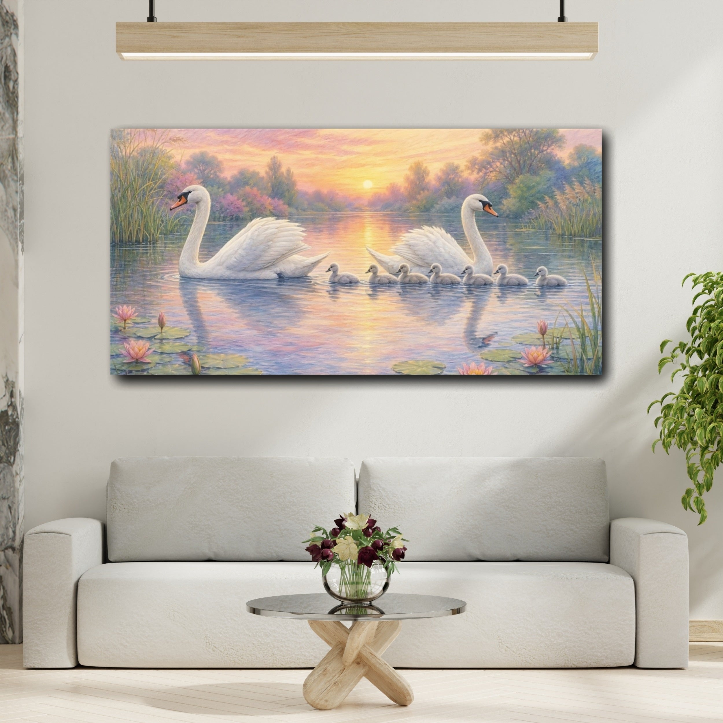 Mockup 2. Nature Swan Family Swans Sunset Lake shown as stretched canvas wall art