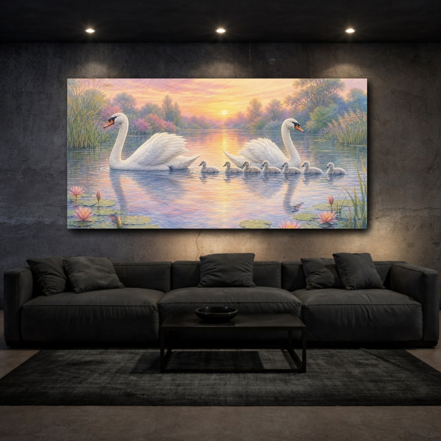 Mockup 3. Nature Swan Family Swans Sunset Lake shown as stretched canvas wall art