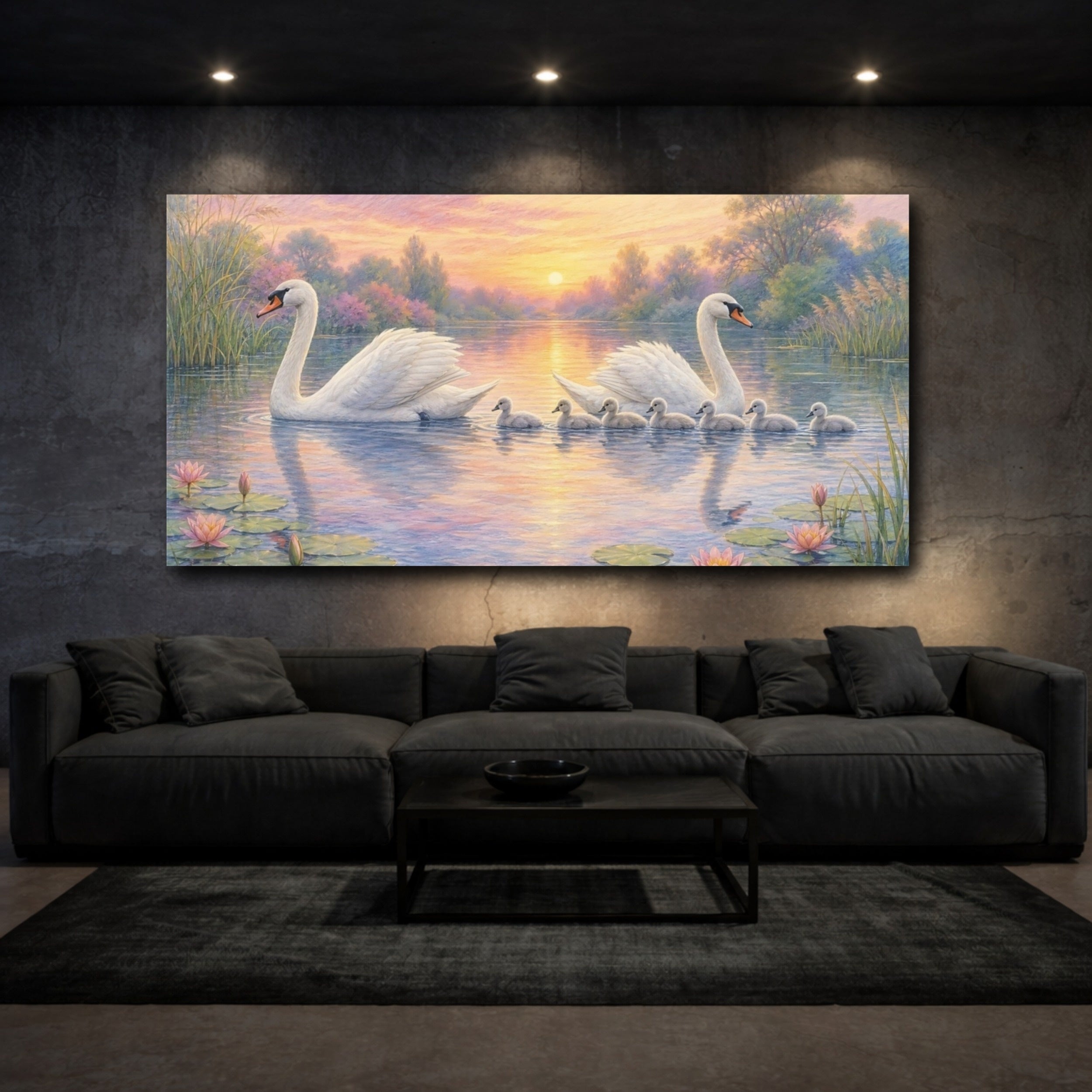Mockup 3. Nature Swan Family Swans Sunset Lake shown as stretched canvas wall art
