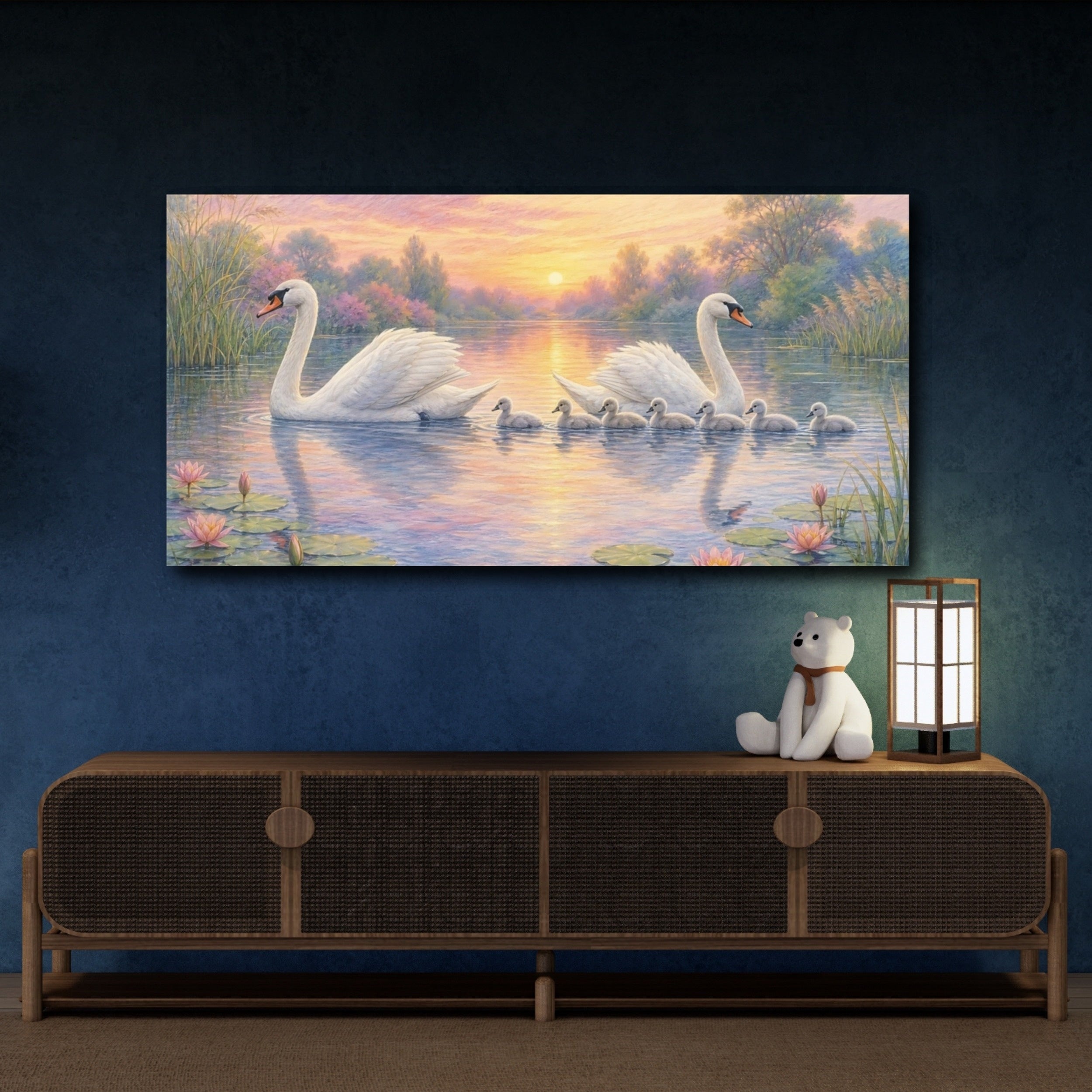 Mockup 4. Nature Swan Family Swans Sunset Lake shown as stretched canvas wall art