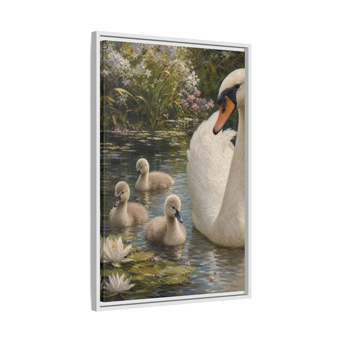 Side Mockup 10. Nature Swan Family White And Green Swans shown as stretched canvas wall art