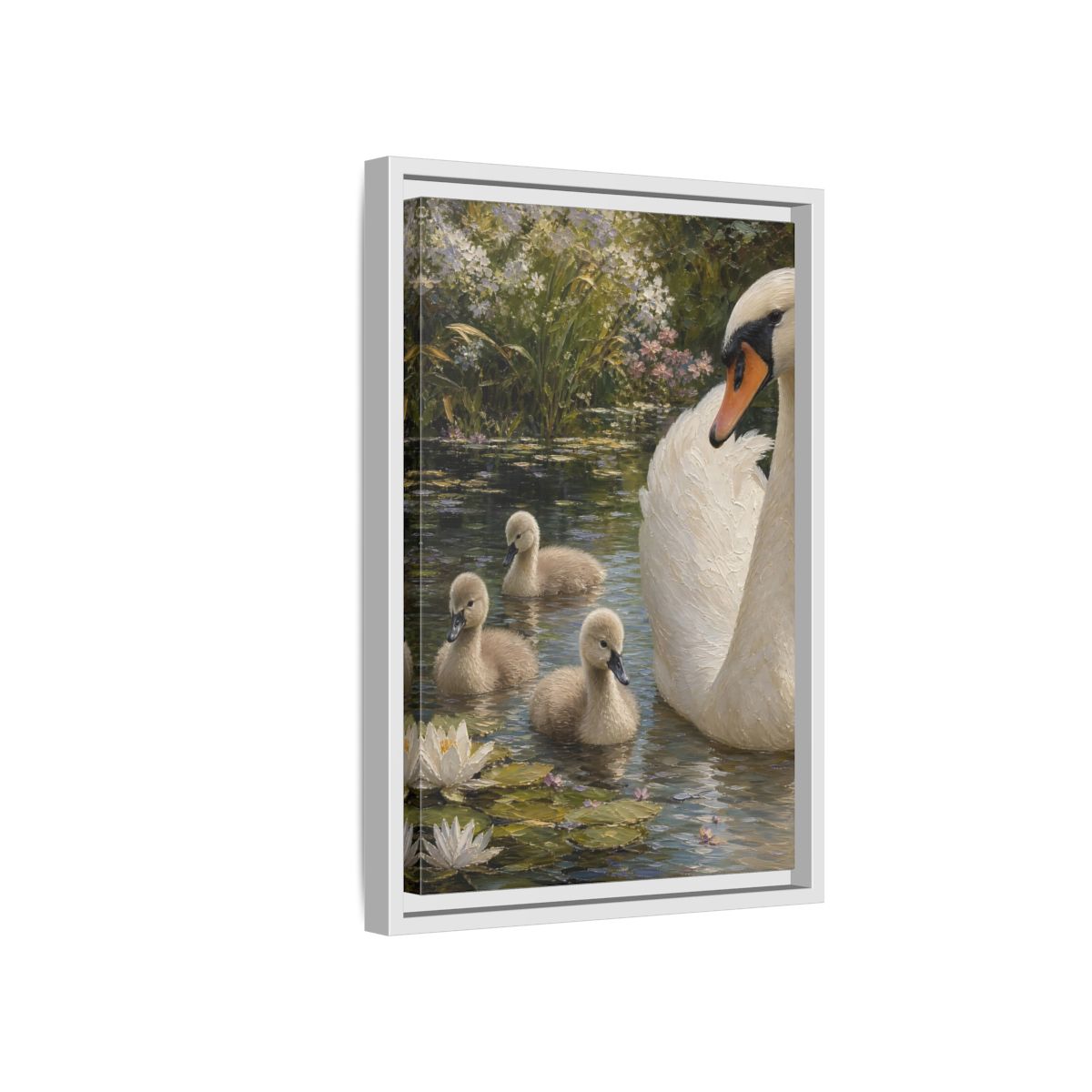 Side Mockup 4. Nature Swan Family White And Green Swans shown as stretched canvas wall art