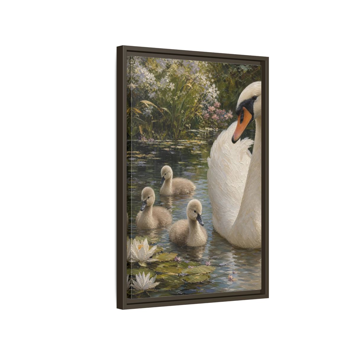 Side Mockup 2. Nature Swan Family White And Green Swans shown as stretched canvas wall art