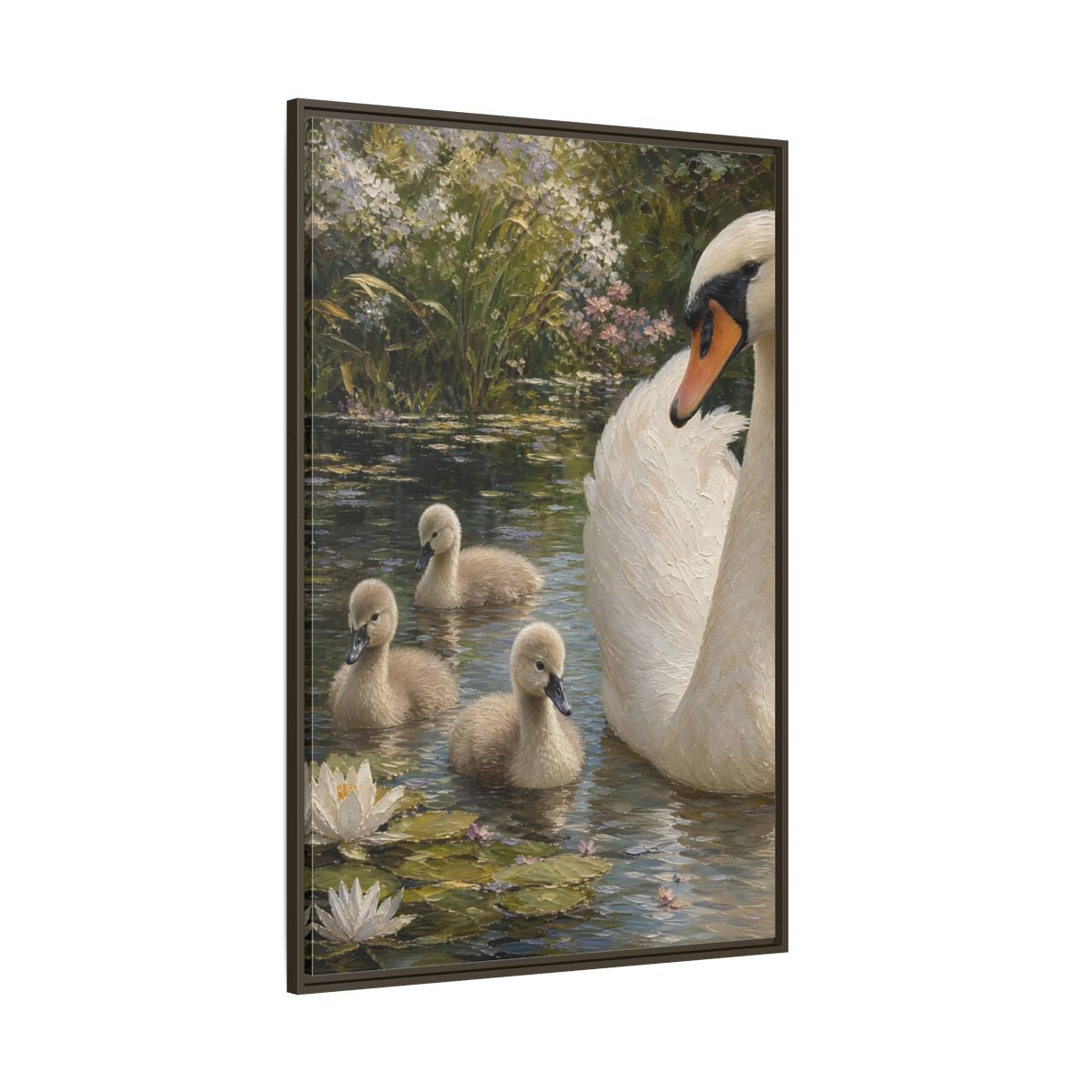Side Mockup 8. Nature Swan Family White And Green Swans shown as stretched canvas wall art