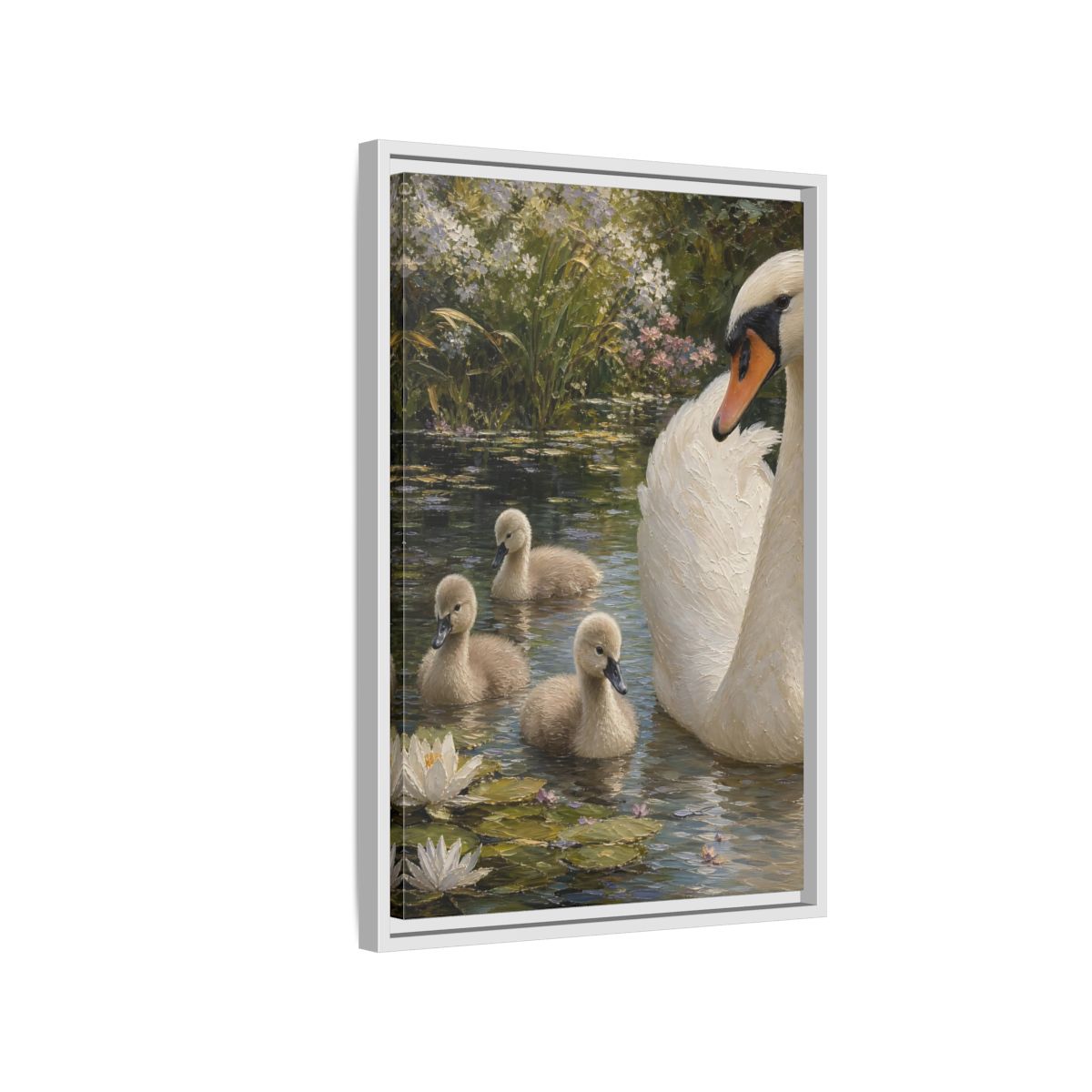 Side Mockup 1. Nature Swan Family White And Green Swans shown as stretched canvas wall art
