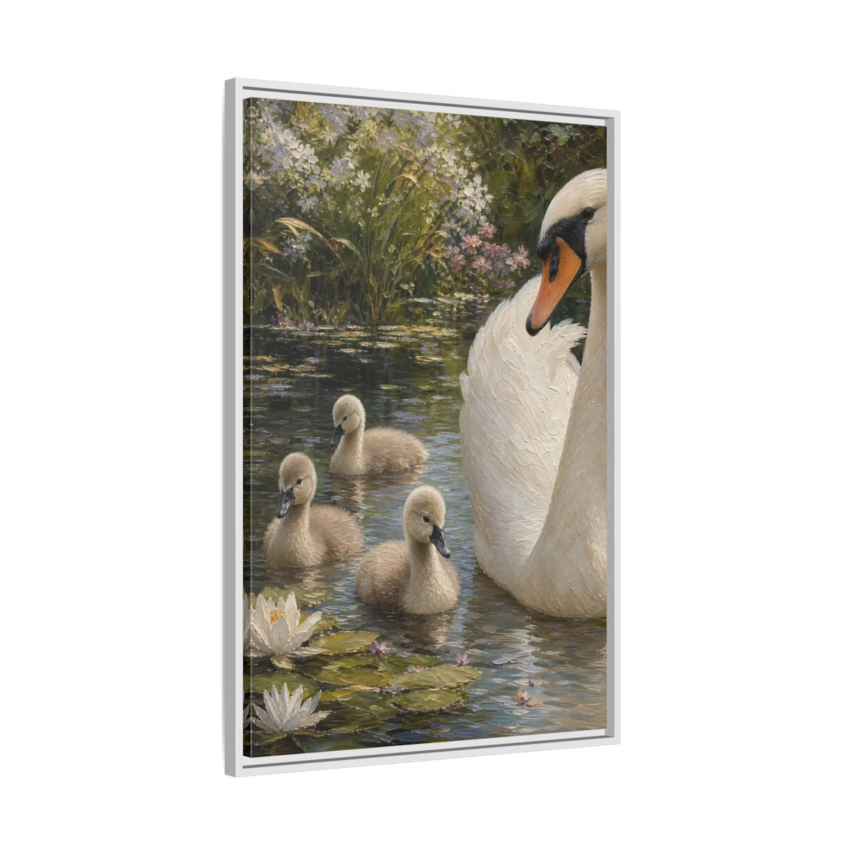 Side Mockup 9. Nature Swan Family White And Green Swans shown as stretched canvas wall art