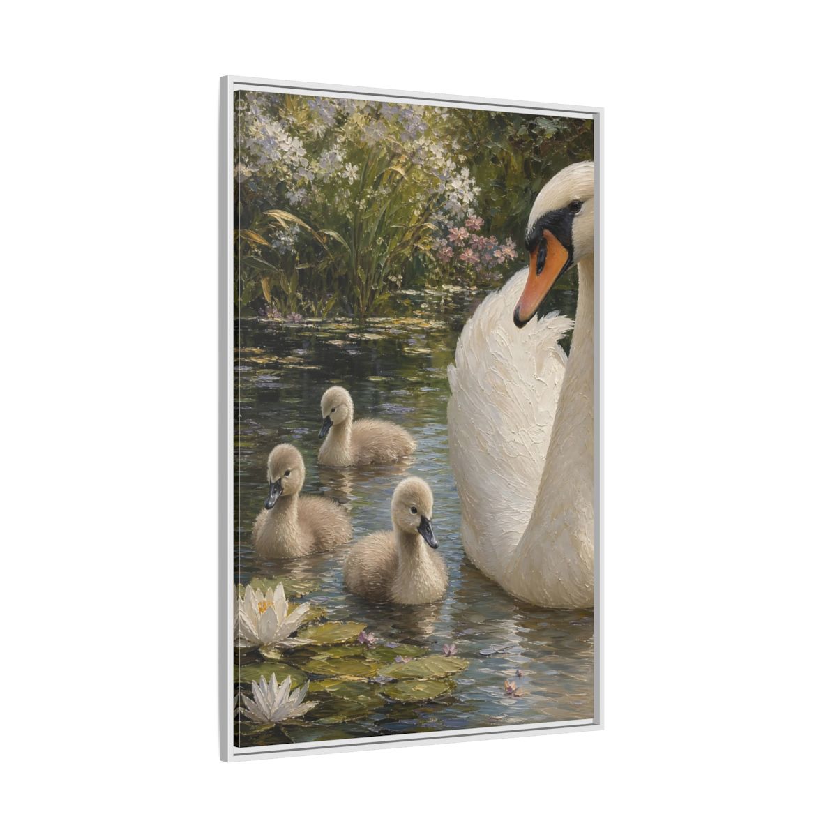 Side Mockup 7. Nature Swan Family White And Green Swans shown as stretched canvas wall art
