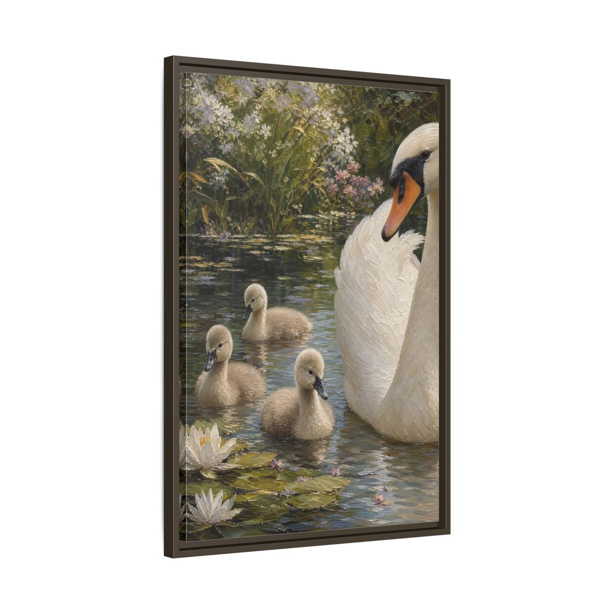 Side Mockup 11. Nature Swan Family White And Green Swans shown as stretched canvas wall art