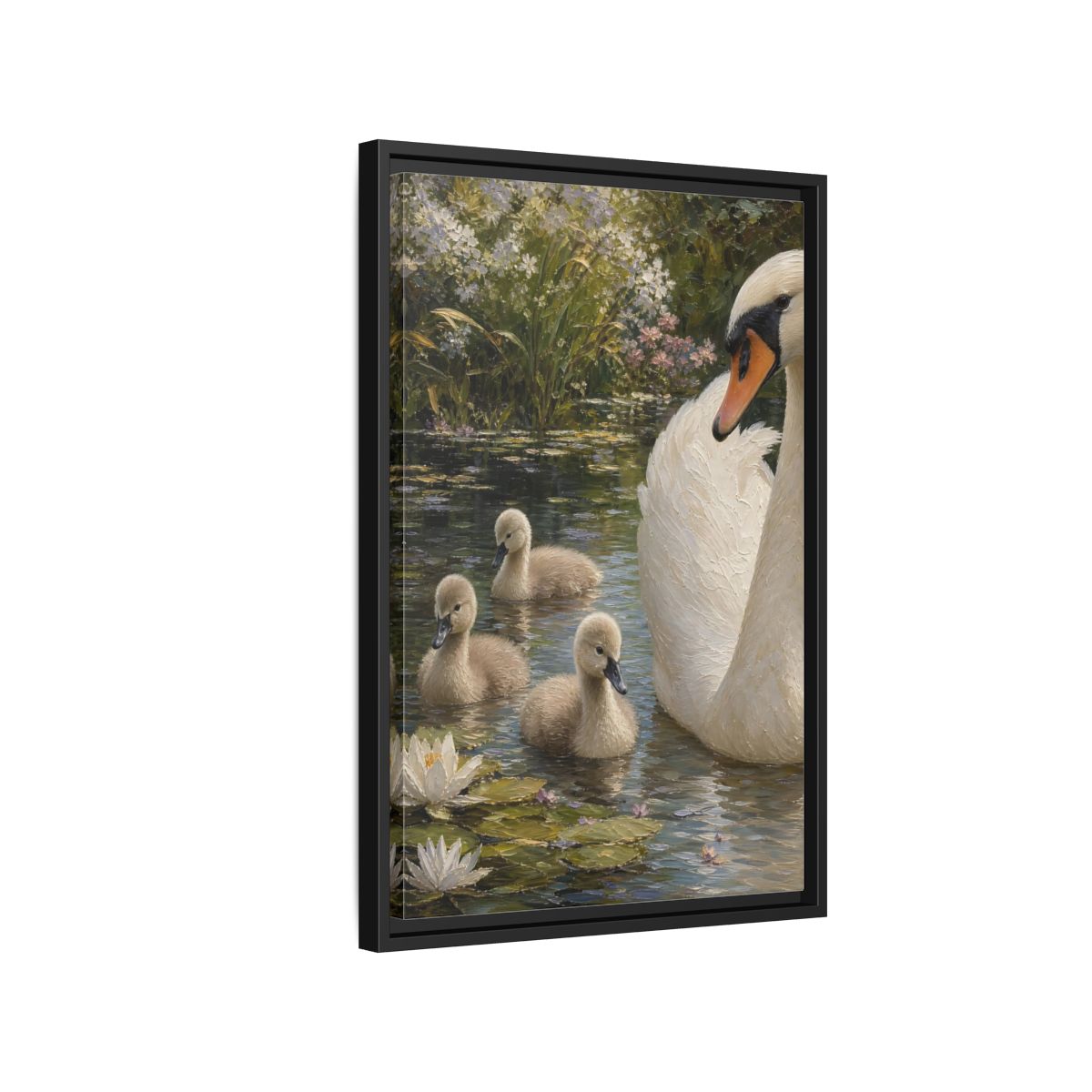 Side Mockup 3. Nature Swan Family White And Green Swans shown as stretched canvas wall art