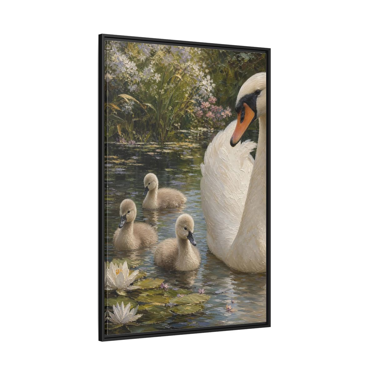 Side Mockup 12. Nature Swan Family White And Green Swans shown as stretched canvas wall art