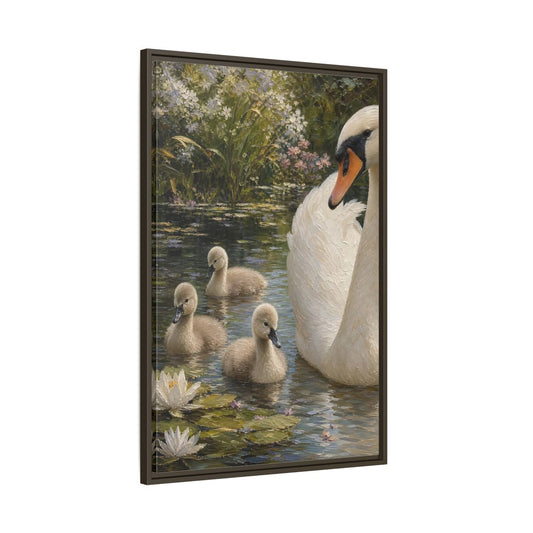 Main Mockup. Nature Swan Family White And Green Swans shown as stretched canvas wall art
