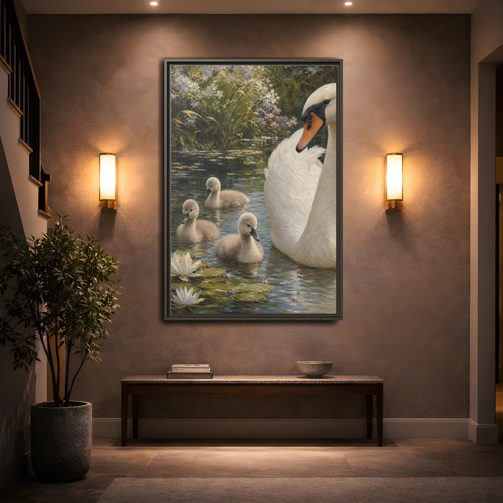 Mockup 2. Nature Swan Family White And Green Swans shown as stretched canvas wall art