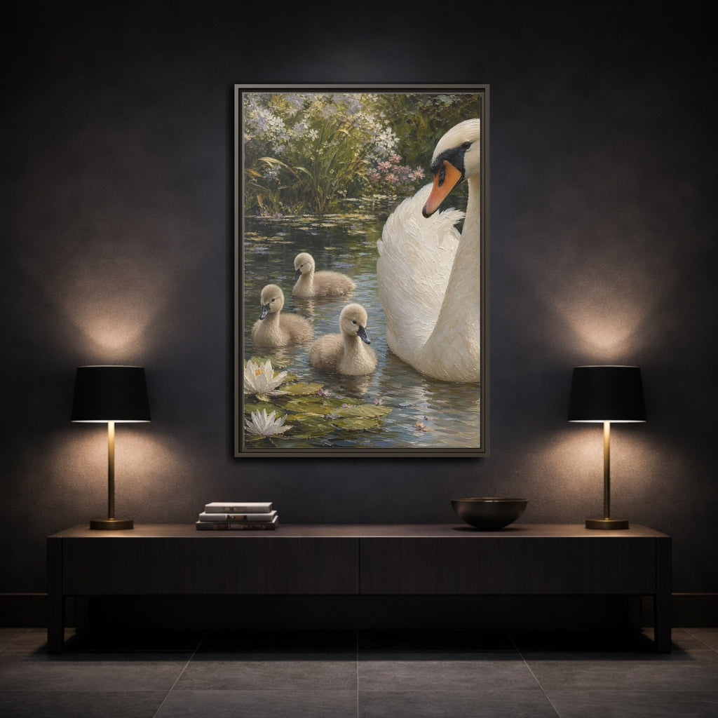 Mockup 3. Nature Swan Family White And Green Swans shown as stretched canvas wall art