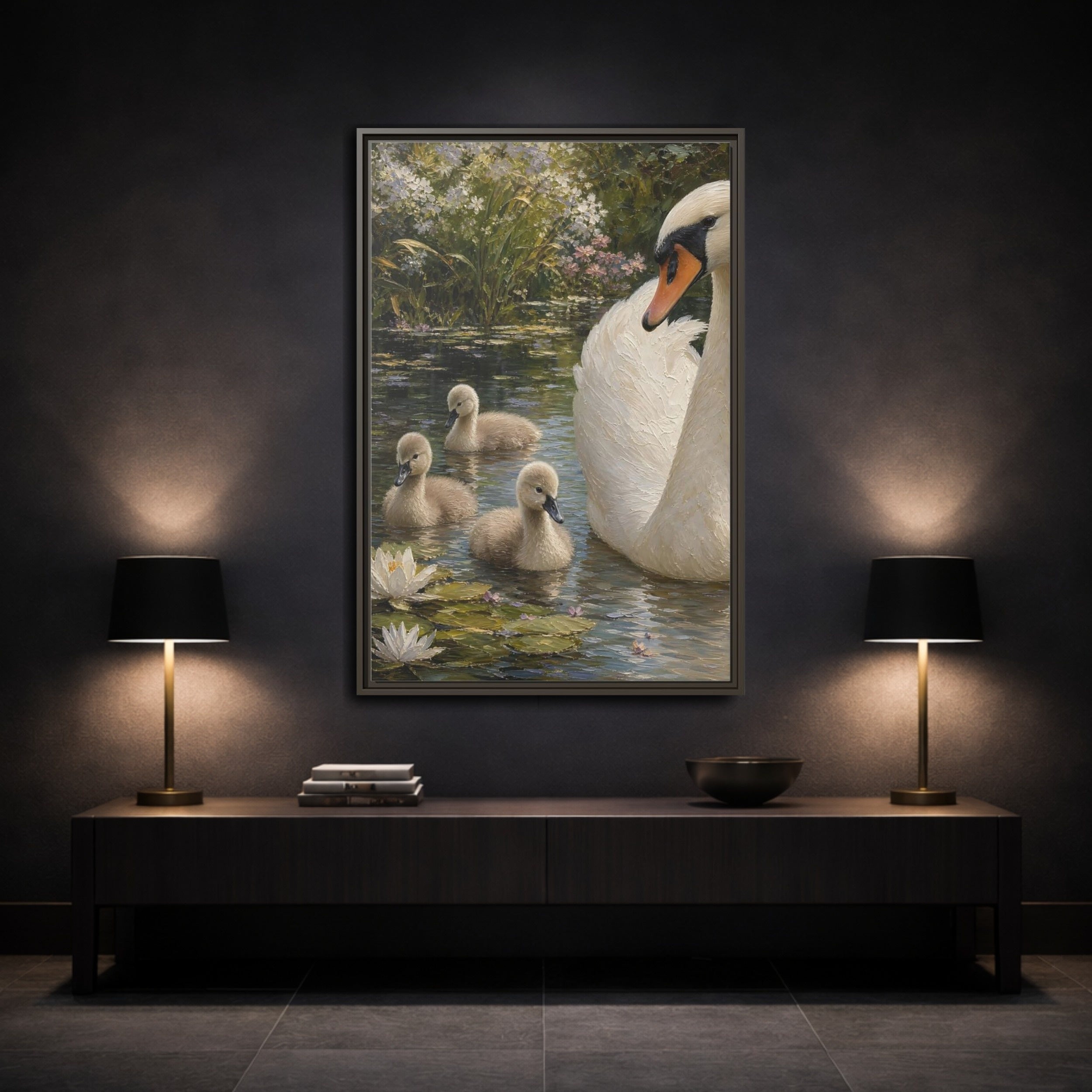 Mockup 3. Nature Swan Family White And Green Swans shown as stretched canvas wall art