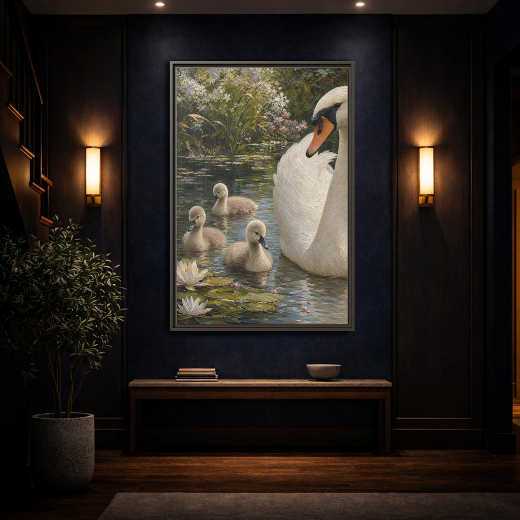 Mockup 4. Nature Swan Family White And Green Swans shown as stretched canvas wall art
