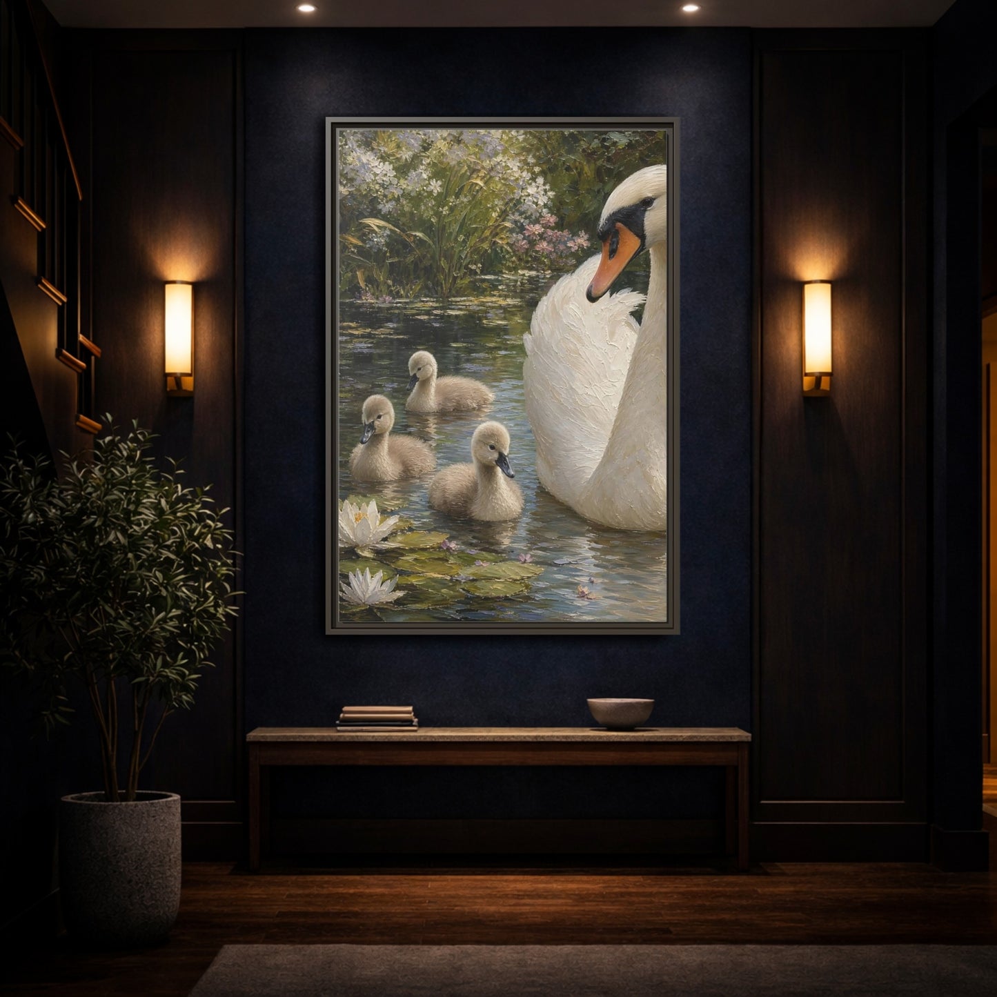 Mockup 4. Nature Swan Family White And Green Swans shown as stretched canvas wall art