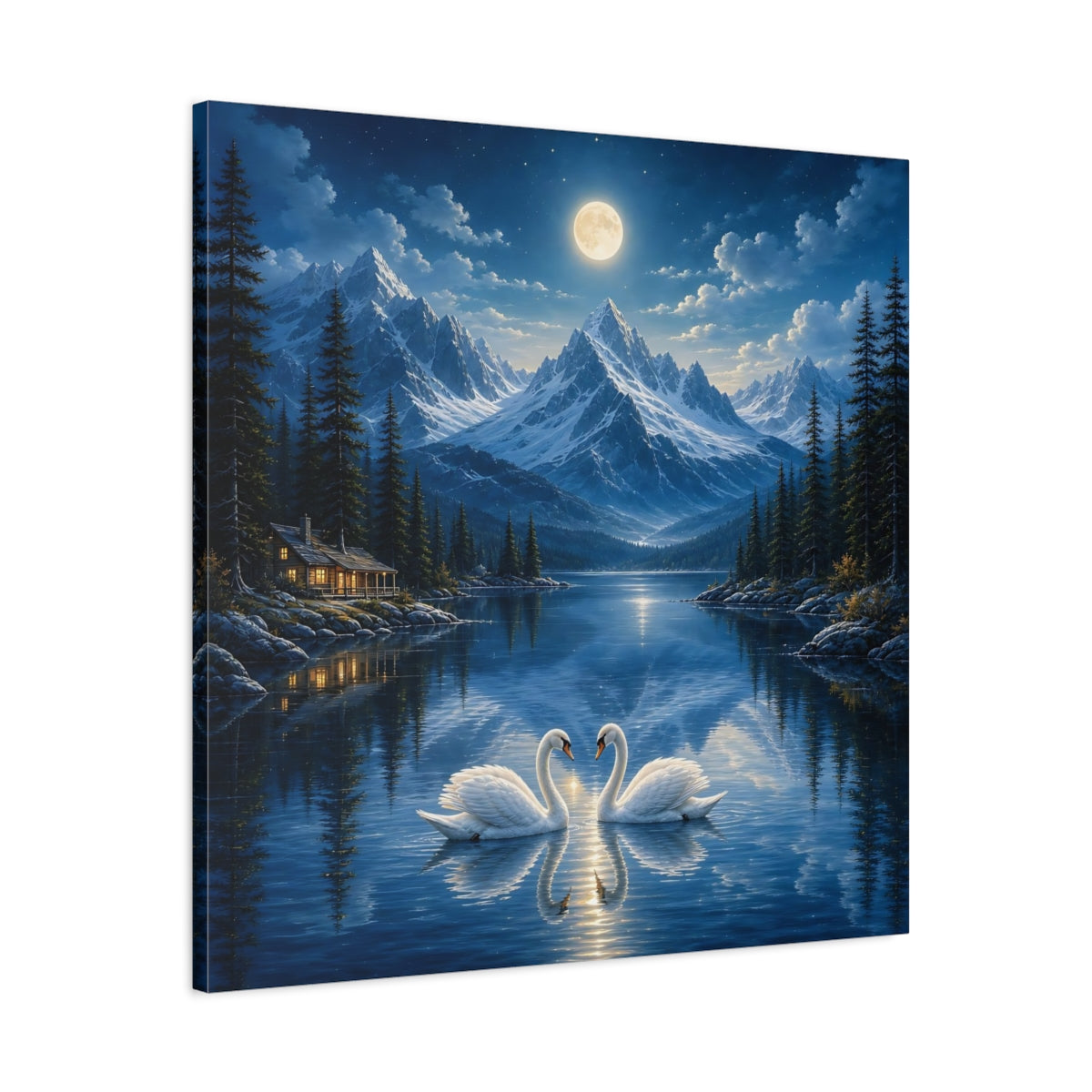 Side Mockup 3. Nature Swans Blue Moonlit Swans shown as stretched canvas wall art